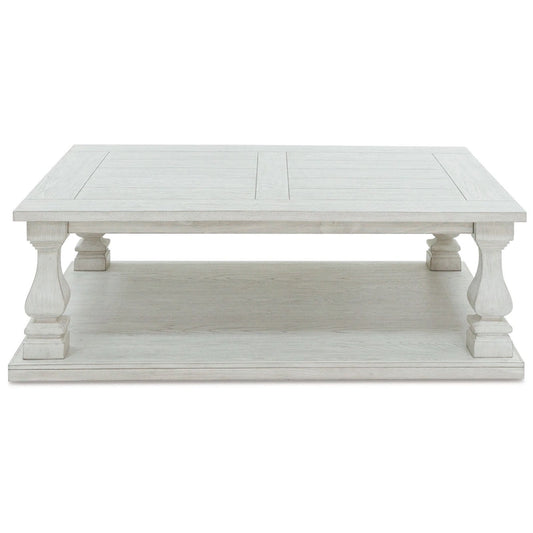 Dyne Cocktail Coffee Table, Plank Top, Balusters, 54 Inch White Wood