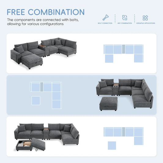140 Corduroy U-Shaped Modular Sectional Sofa with Storage Ottoman & Console,and USB Charger, Cup Holders & 30 Wide Seats