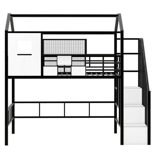 Twin Size Metal Loft Bed with roof design and a storage box