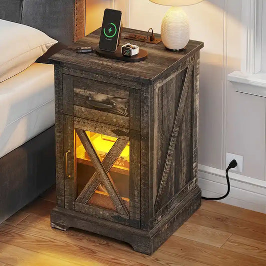 Moasis LED End Table with Shelf and Drawer, Side Table with Charging Station Power Outlet