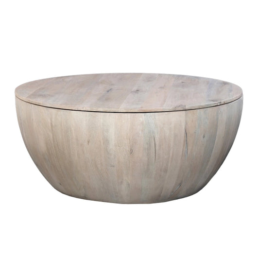 37 Inch Round Coffee Table, Handcrafted Drum Shape with Storage, Washed White Mango Wood