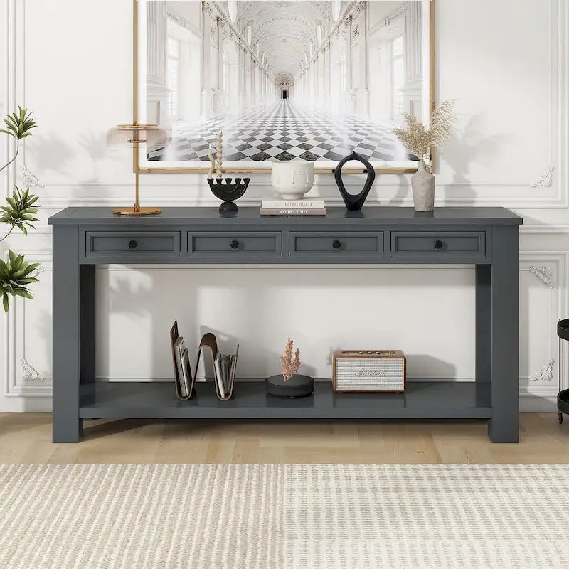 Vintage Style 4-Drawer 1-Shelf Console Table, Classic Entrance Display Table Entryway Table, Storage Sofa Table