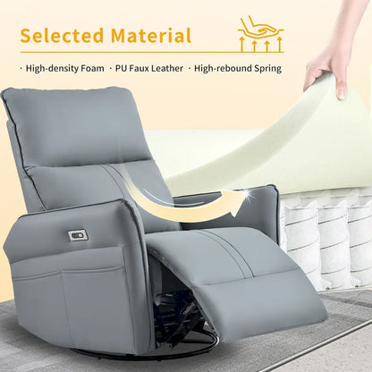 Power 270 Swivel Rocker Recliner Chair with USB Ports, Electric PU Small Recliners for Small Spaces