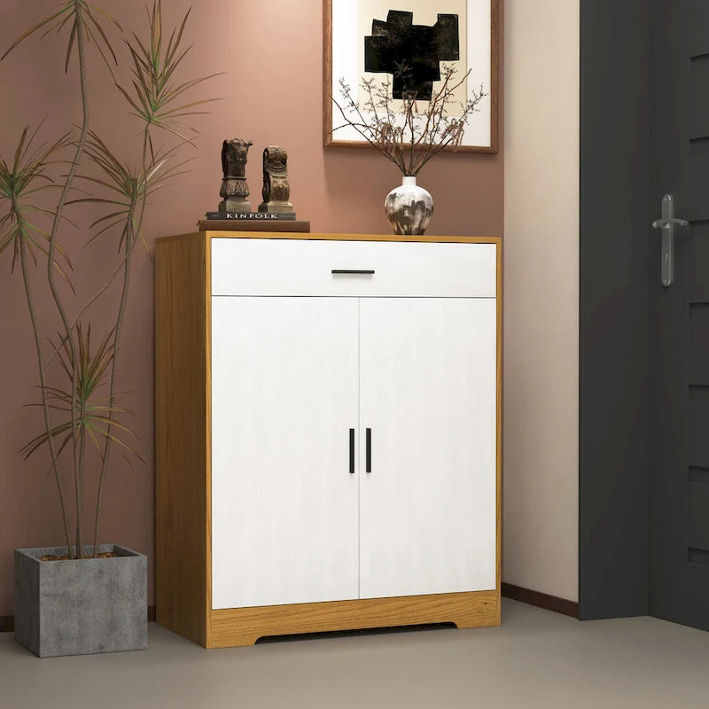 Shoe Cabinet, 4-Tier Shoe Rack Organizer with 1 Drawer, Freestanding Shoe Storage Cabinet with 2 Door & Adjustable Shelves