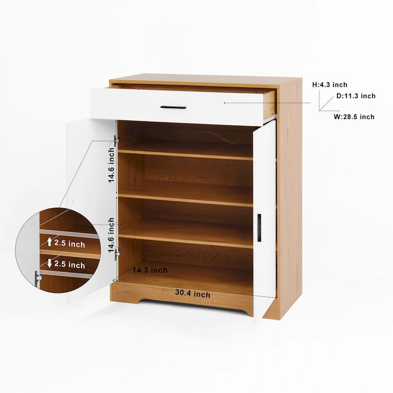 Shoe Cabinet, 4-Tier Shoe Rack Organizer with 1 Drawer, Freestanding Shoe Storage Cabinet with 2 Door & Adjustable Shelves