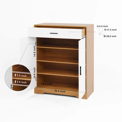 Shoe Cabinet, 4-Tier Shoe Rack Organizer with 1 Drawer, Freestanding Shoe Storage Cabinet with 2 Door & Adjustable Shelves