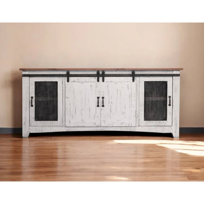 HomeRoots 79 White Solid Wood Cabinet Enclosed Storage Distressed TV Stand - 78.75' X '34.75' X '19