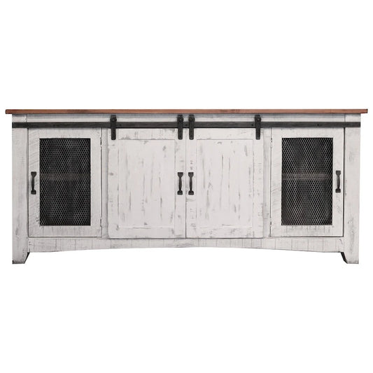 HomeRoots 79 White Solid Wood Cabinet Enclosed Storage Distressed TV Stand - 78.75' X '34.75' X '19