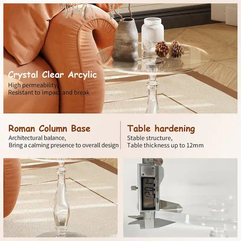 Clear Acrylic Round End Table Solid Post Side Table Nightstand - 18 Dia. x 19 H