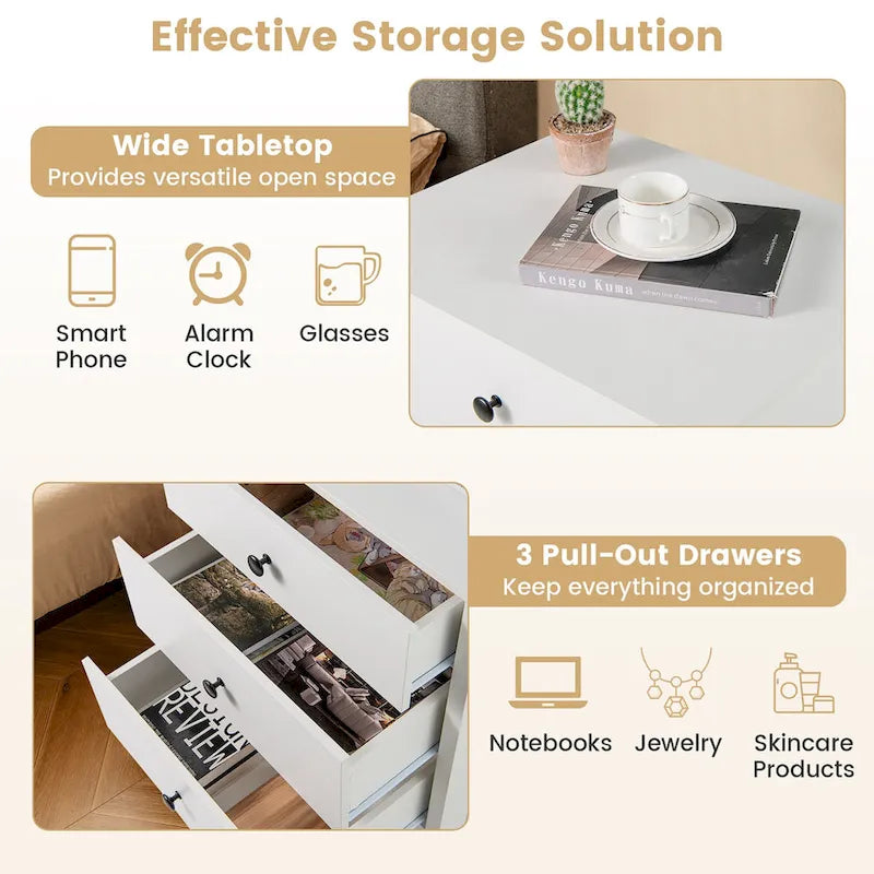 Gymax 3-Drawer Nightstand Wooden Bedside Table Modern Side End Table - See Details