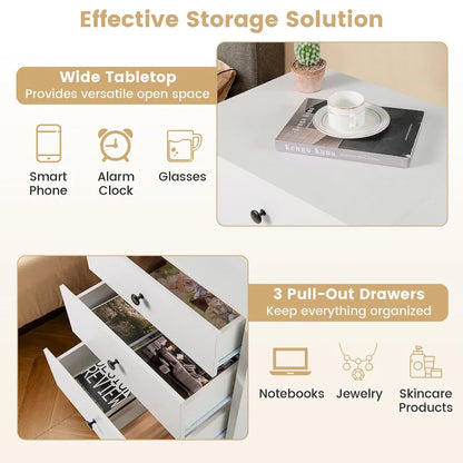 Gymax 3-Drawer Nightstand Wooden Bedside Table Modern Side End Table - See Details