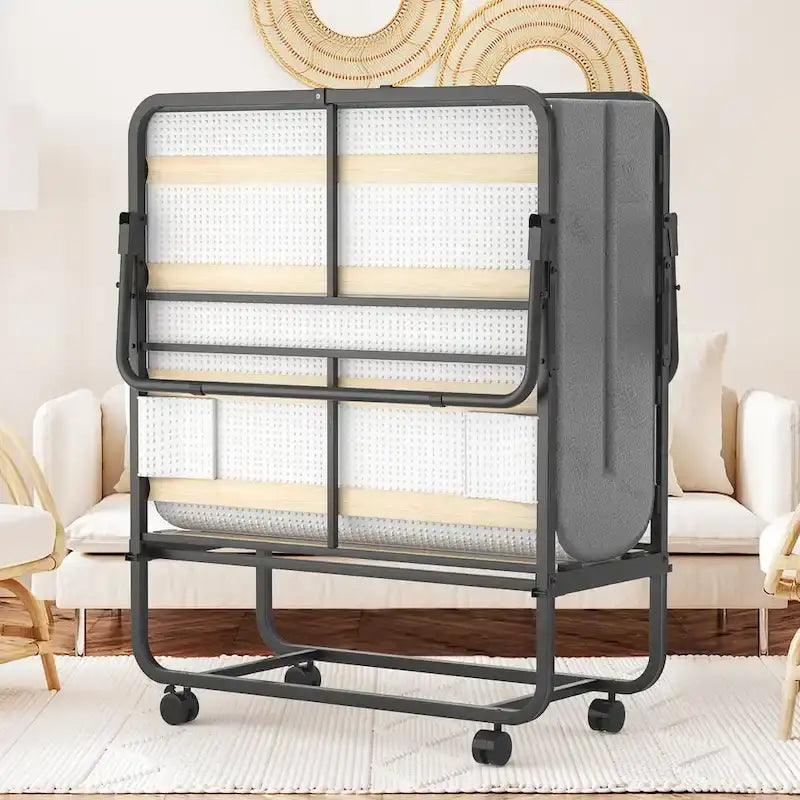 Folding Bed with Mattress,Portable Rollaway Bed on Wheels with Memory Foam Mattress