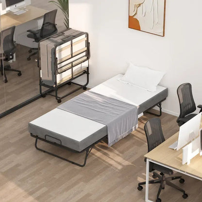 Folding Bed with Mattress,Portable Rollaway Bed on Wheels with Memory Foam Mattress