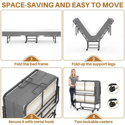 Folding Bed with Mattress,Portable Rollaway Bed on Wheels with Memory Foam Mattress