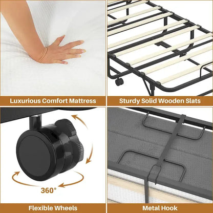 Folding Bed with Mattress,Portable Rollaway Bed on Wheels with Memory Foam Mattress