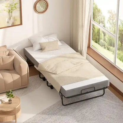 Folding Bed with Mattress,Portable Rollaway Bed on Wheels with Memory Foam Mattress
