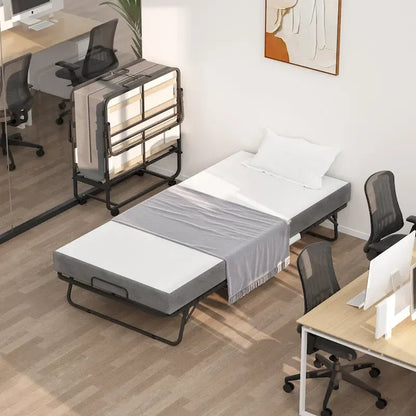 Folding Bed with Mattress,Portable Rollaway Bed on Wheels with Memory Foam Mattress