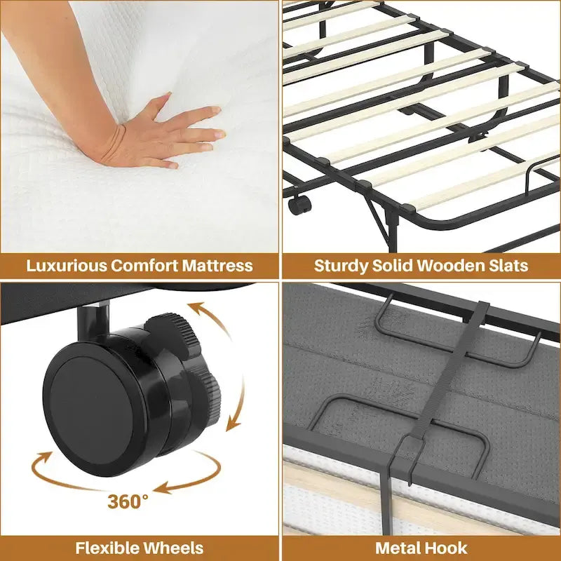 Folding Bed with Mattress,Portable Rollaway Bed on Wheels with Memory Foam Mattress