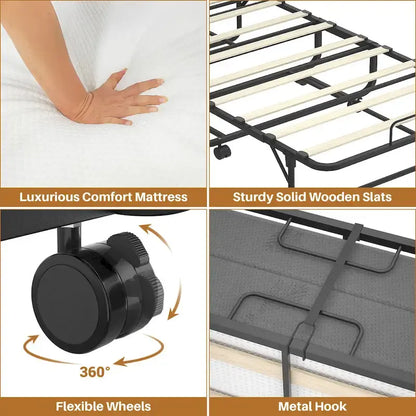 Folding Bed with Mattress,Portable Rollaway Bed on Wheels with Memory Foam Mattress