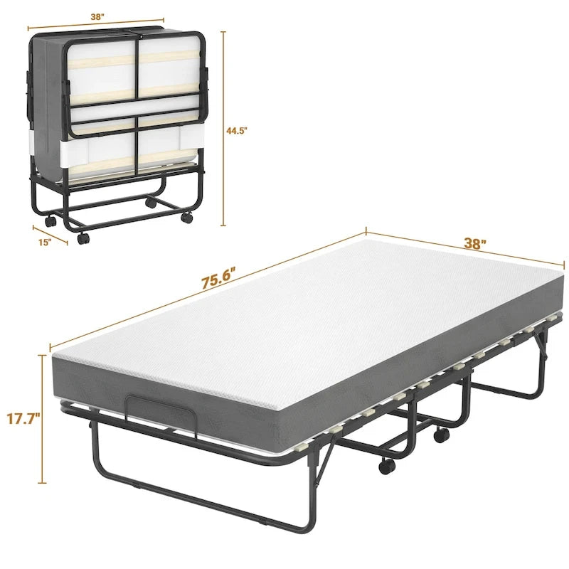 Folding Bed with Mattress,Portable Rollaway Bed on Wheels with Memory Foam Mattress