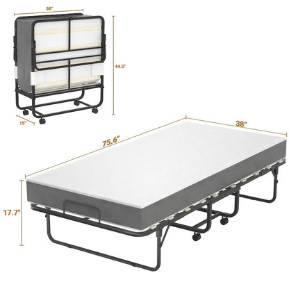 Folding Bed with Mattress,Portable Rollaway Bed on Wheels with Memory Foam Mattress