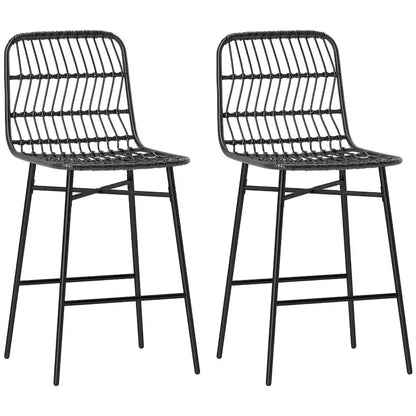 Rattan Counter Height Bar Stools Set of 2, 26 Wicker Barstools with Back, Modern Bar Chairs for Kitchen Island, Black