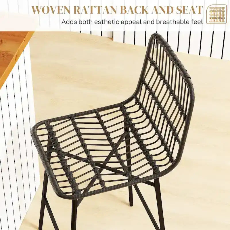Rattan Counter Height Bar Stools Set of 2, 26 Wicker Barstools with Back, Modern Bar Chairs for Kitchen Island, Black