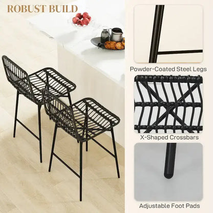 Rattan Counter Height Bar Stools Set of 2, 26 Wicker Barstools with Back, Modern Bar Chairs for Kitchen Island, Black