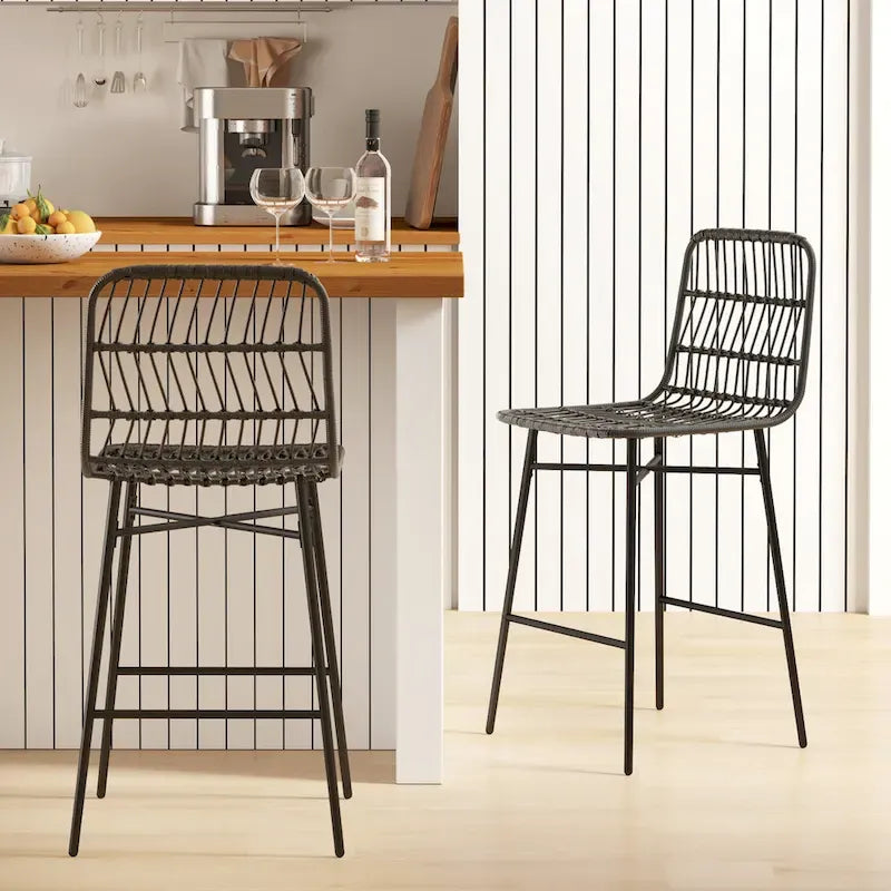Rattan Counter Height Bar Stools Set of 2, 26 Wicker Barstools with Back, Modern Bar Chairs for Kitchen Island, Black