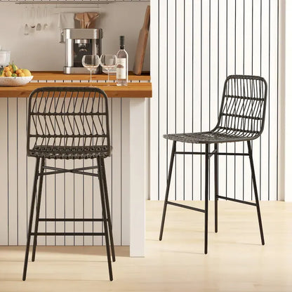 Rattan Counter Height Bar Stools Set of 2, 26 Wicker Barstools with Back, Modern Bar Chairs for Kitchen Island, Black