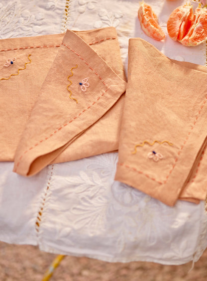 Embroidered Linen Napkin, Soft Peach, Set of Two