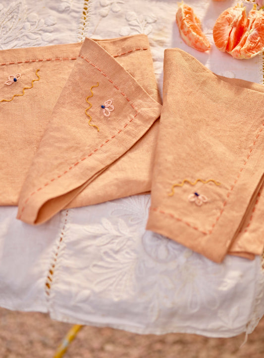 Embroidered Linen Napkin, Soft Peach, Set of Two
