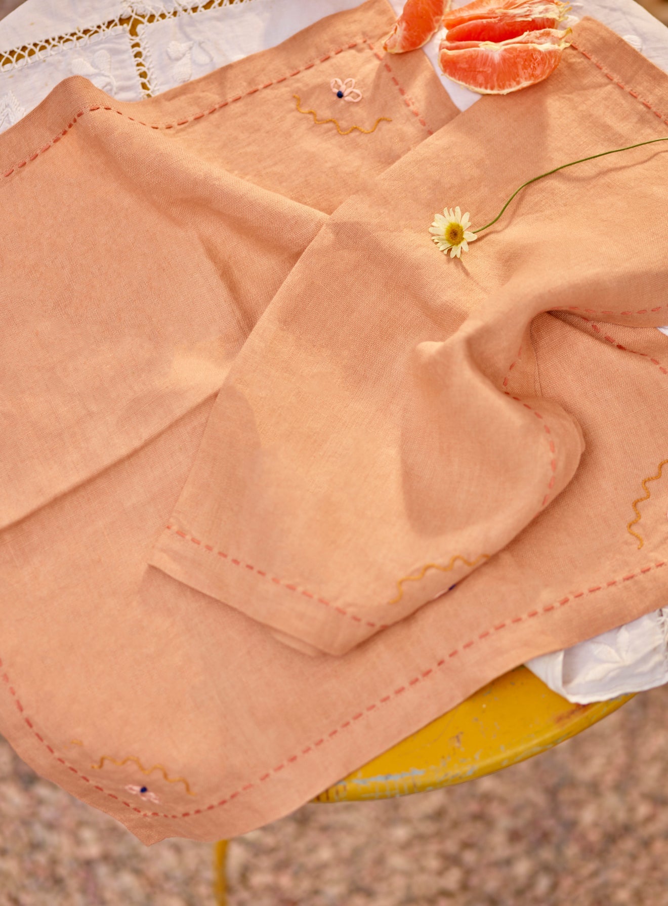 Embroidered Linen Napkin, Soft Peach, Set of Two
