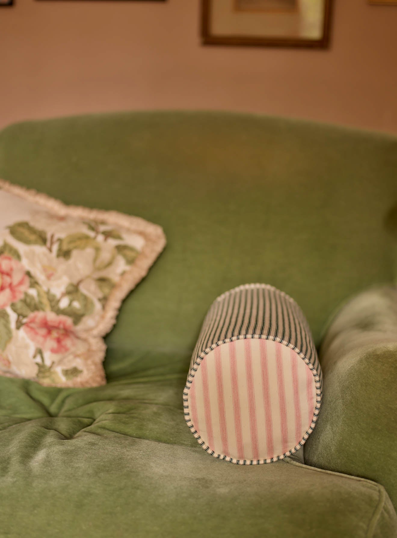 Bolster Cushion, Fine Green Ticking Stripe