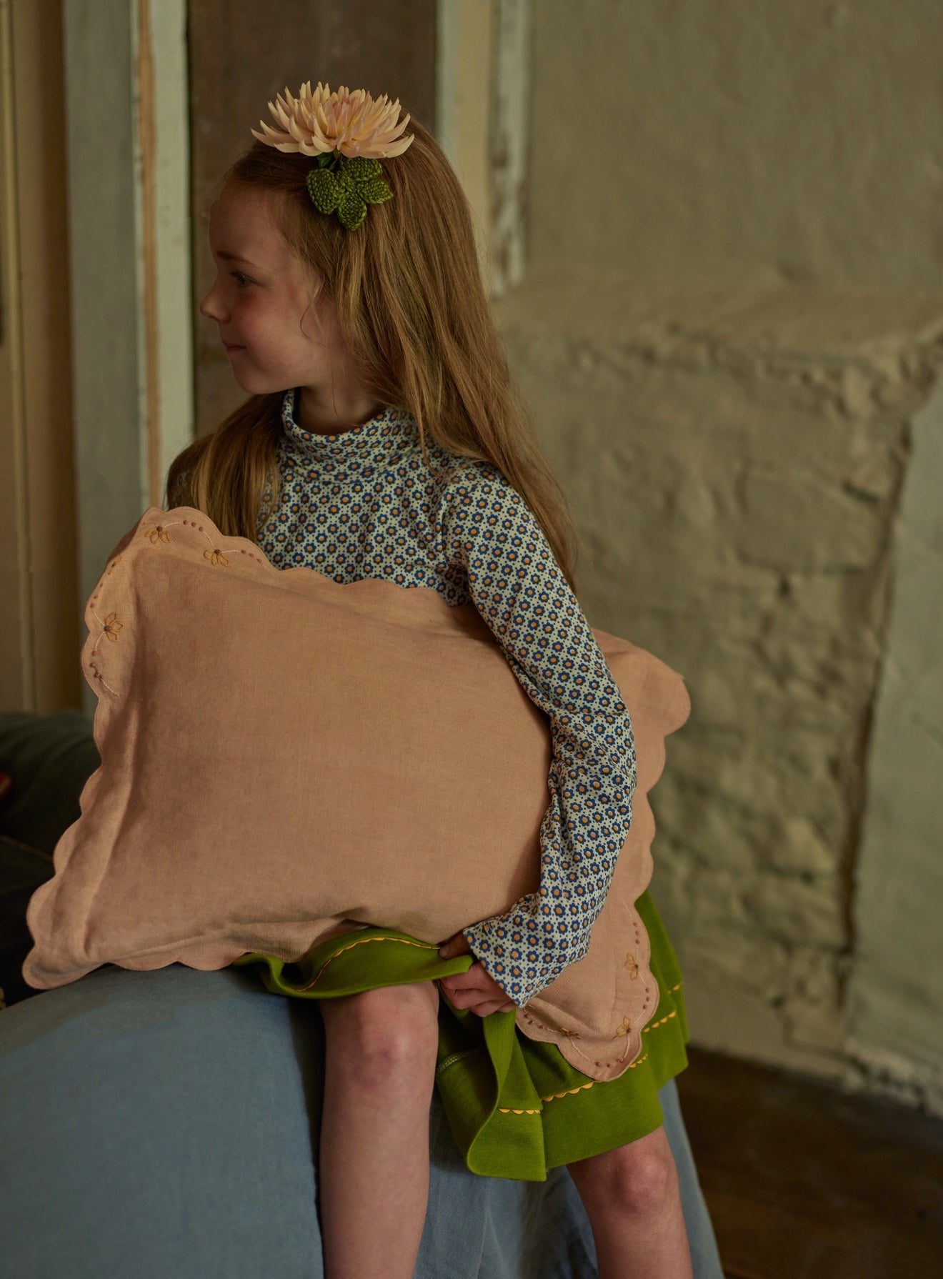 Grace Hand Embroidered Scalloped Cushion, Soft Peach