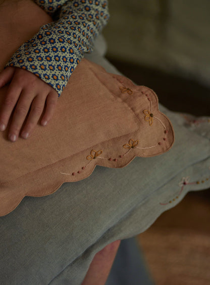 Grace Hand Embroidered Scalloped Cushion, Soft Peach