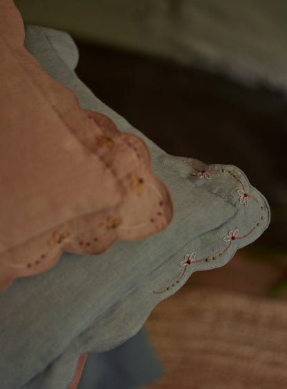 Grace Hand Embroidered Scalloped Cushion, Powder Blue