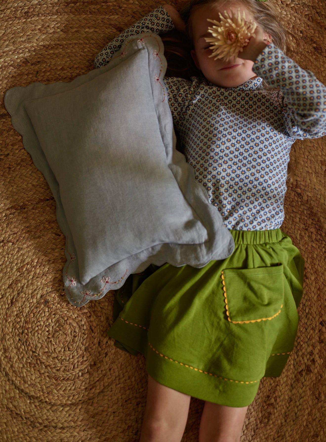 Grace Hand Embroidered Scalloped Cushion, Powder Blue