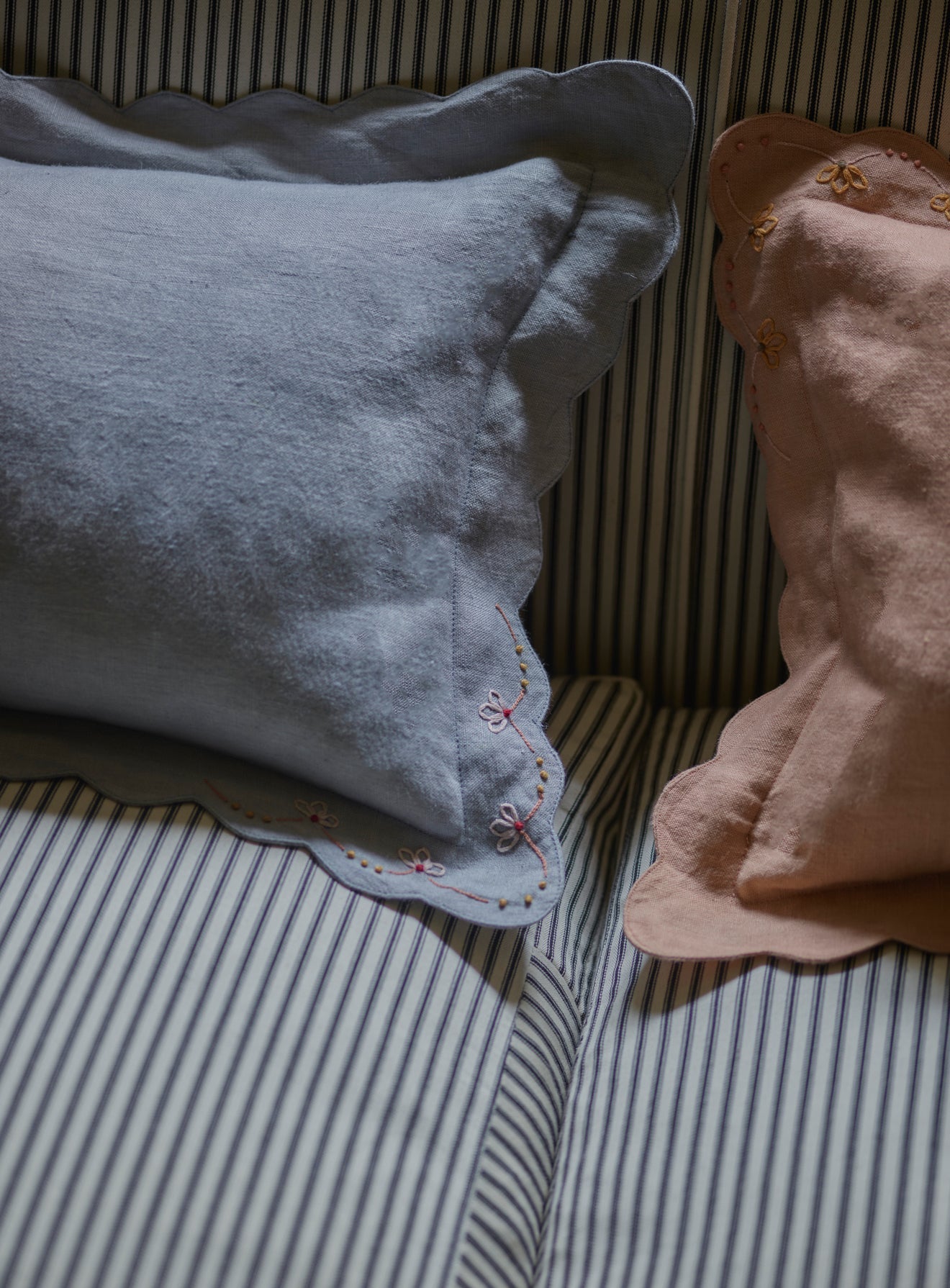 Grace Hand Embroidered Scalloped Cushion, Powder Blue