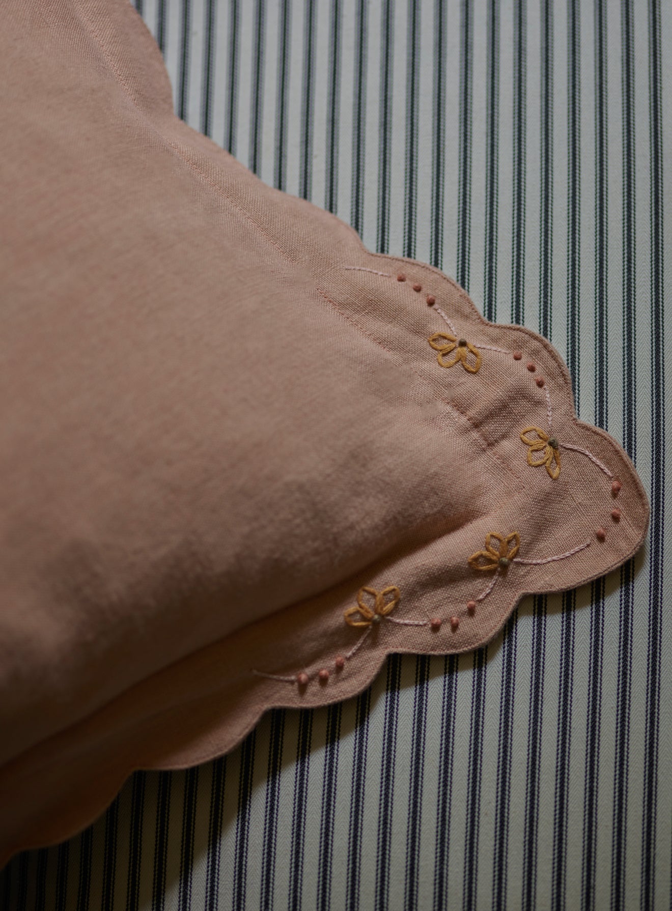 Grace Hand Embroidered Scalloped Cushion, Soft Peach