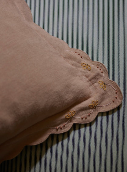 Grace Hand Embroidered Scalloped Cushion, Soft Peach