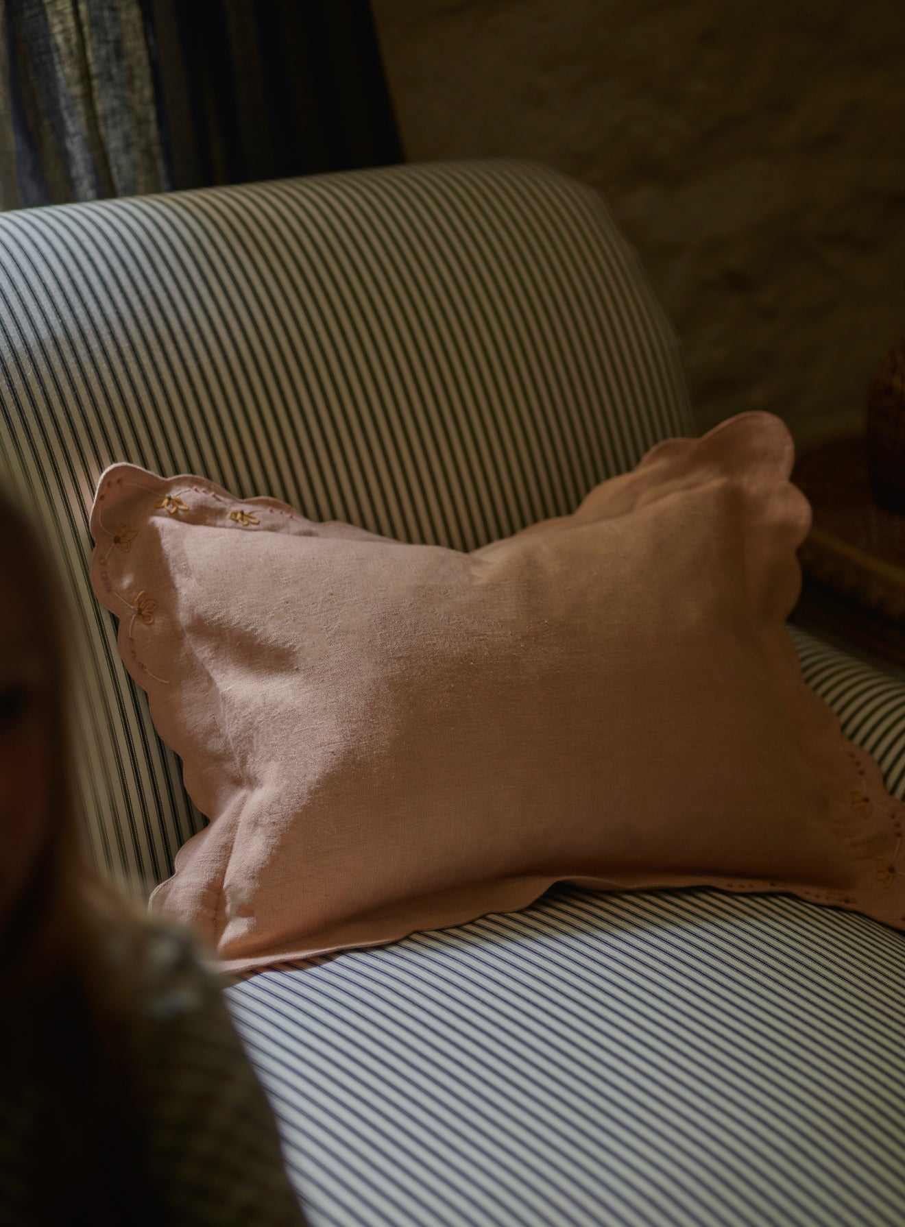 Grace Hand Embroidered Scalloped Cushion, Soft Peach