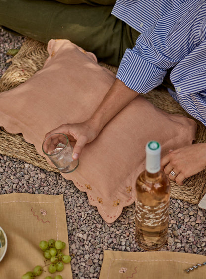 Grace Hand Embroidered Scalloped Cushion, Soft Peach