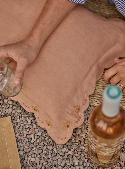 Grace Hand Embroidered Scalloped Cushion, Soft Peach