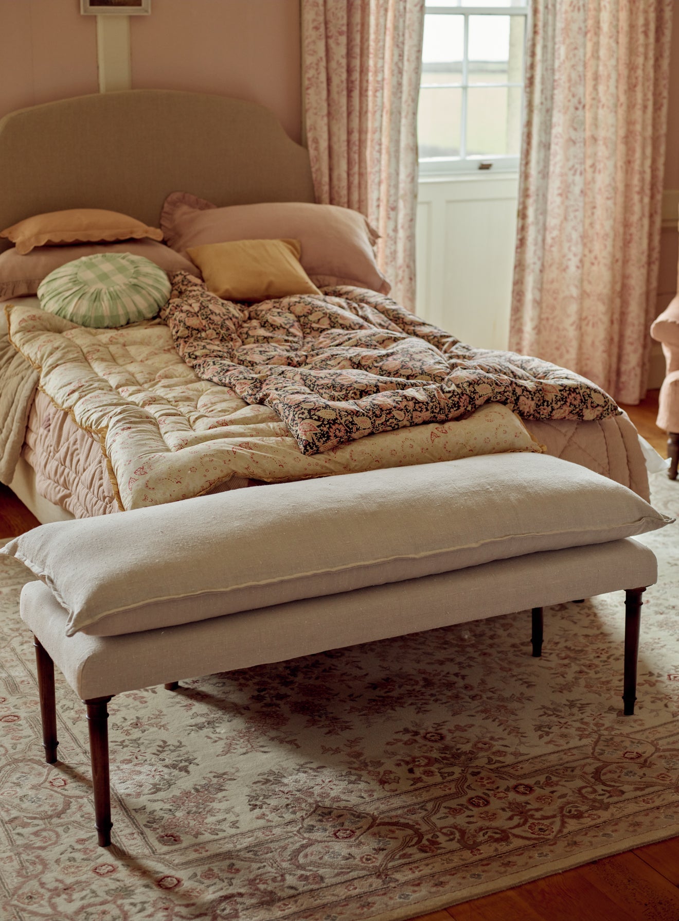 Mila Upholstered Bench, Flax Linen