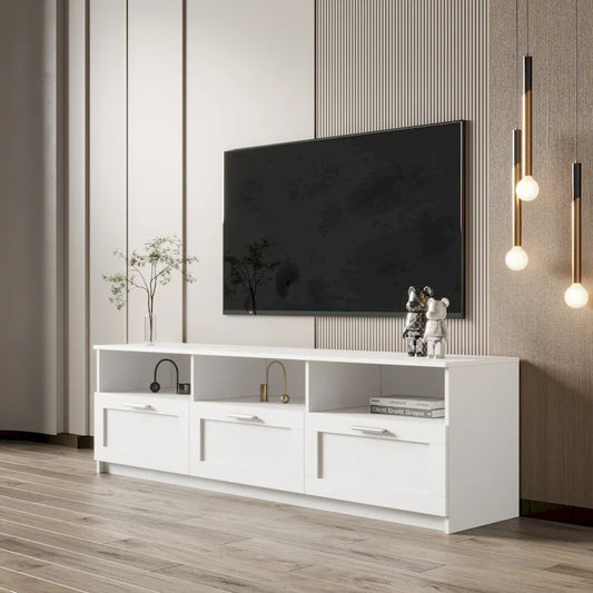 White Modern Minimalist TV Stand Storage Cabinet 3 Drawers For 80 inch - 16.14 x 70.87 x 20.87
