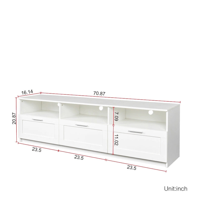 White Modern Minimalist TV Stand Storage Cabinet 3 Drawers For 80 inch - 16.14 x 70.87 x 20.87