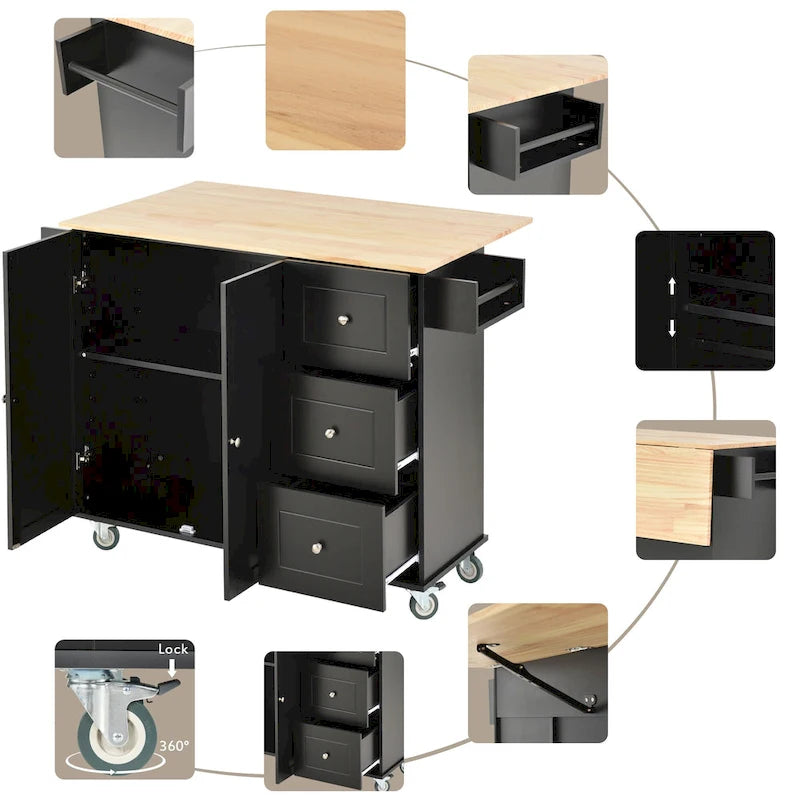 Rolling Mobile Kitchen Island with Solid Wood Top, Locking Wheels, and Storage Options