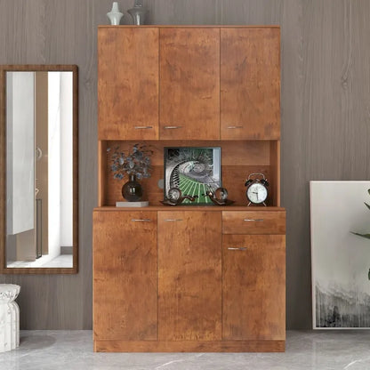70.87 Tall Wardrobe& Kitchen Cabinet, with 6-Doors, 1-Open Shelves and 1-Drawer for bedroom,Walnut