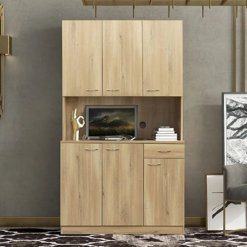 70.87 Tall Wardrobe& Kitchen Cabinet, with 6-Doors, 1-Open Shelves and 1-Drawer for bedroom,Walnut